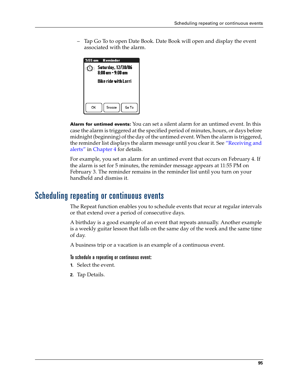 Scheduling repeating or continuous events, To schedule a repeating or continuous event | Palm Tungsten T Handhelds User Manual | Page 105 / 290