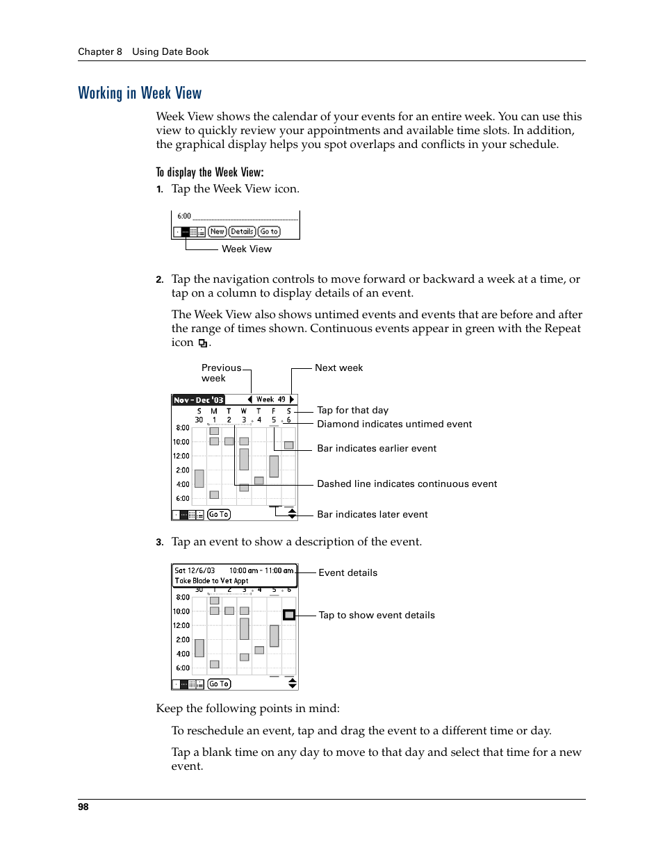 Working in week view, To display the week view | Palm Tungsten T Handhelds User Manual | Page 108 / 290
