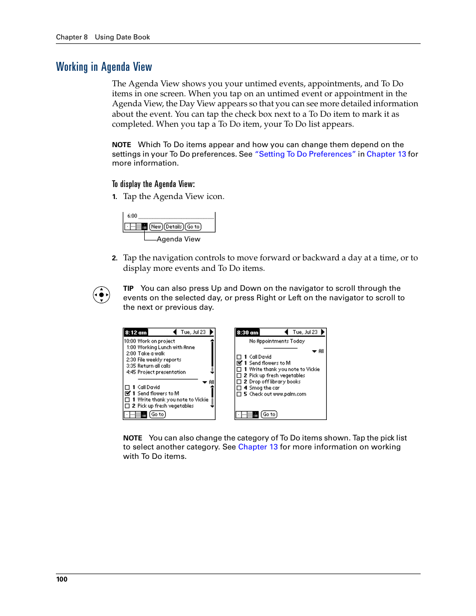 Working in agenda view, To display the agenda view | Palm Tungsten T Handhelds User Manual | Page 110 / 290