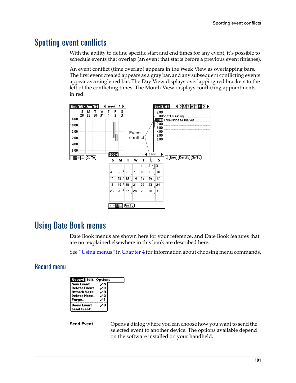 Spotting event conflicts, Using date book menus, Record menu | Spotting event conflicts using date book menus | Palm Tungsten T Handhelds User Manual | Page 111 / 290
