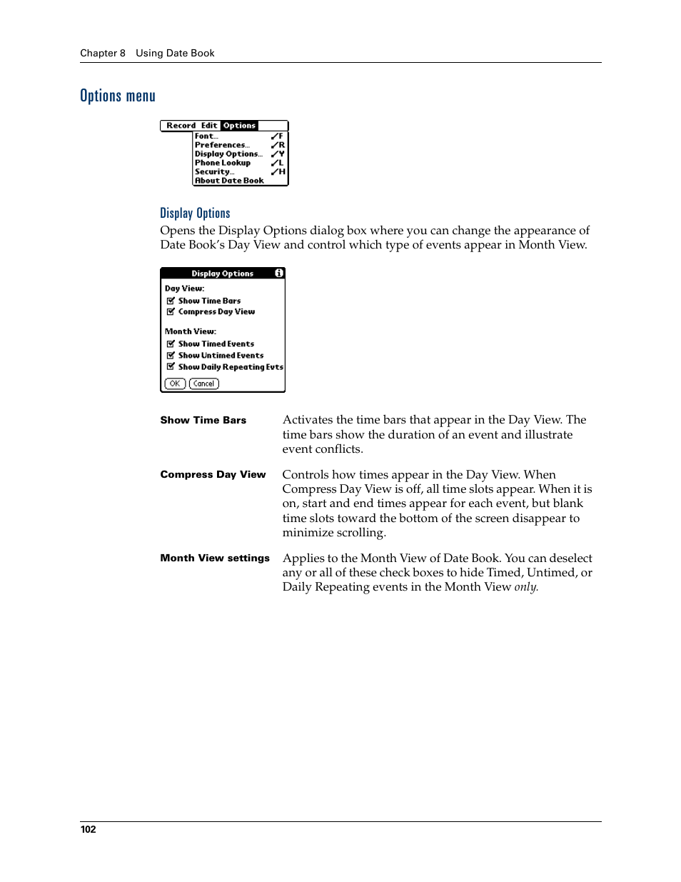 Options menu, Display options | Palm Tungsten T Handhelds User Manual | Page 112 / 290
