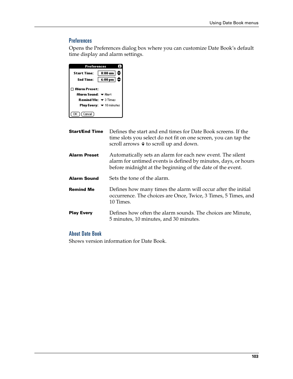 Preferences, About date book | Palm Tungsten T Handhelds User Manual | Page 113 / 290