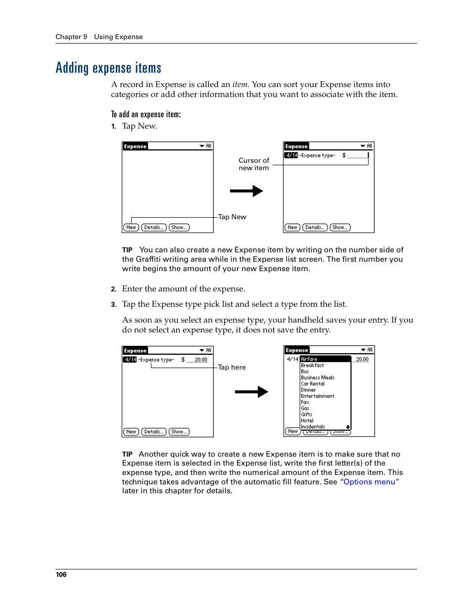 Adding expense items, To add an expense item | Palm Tungsten T Handhelds User Manual | Page 116 / 290