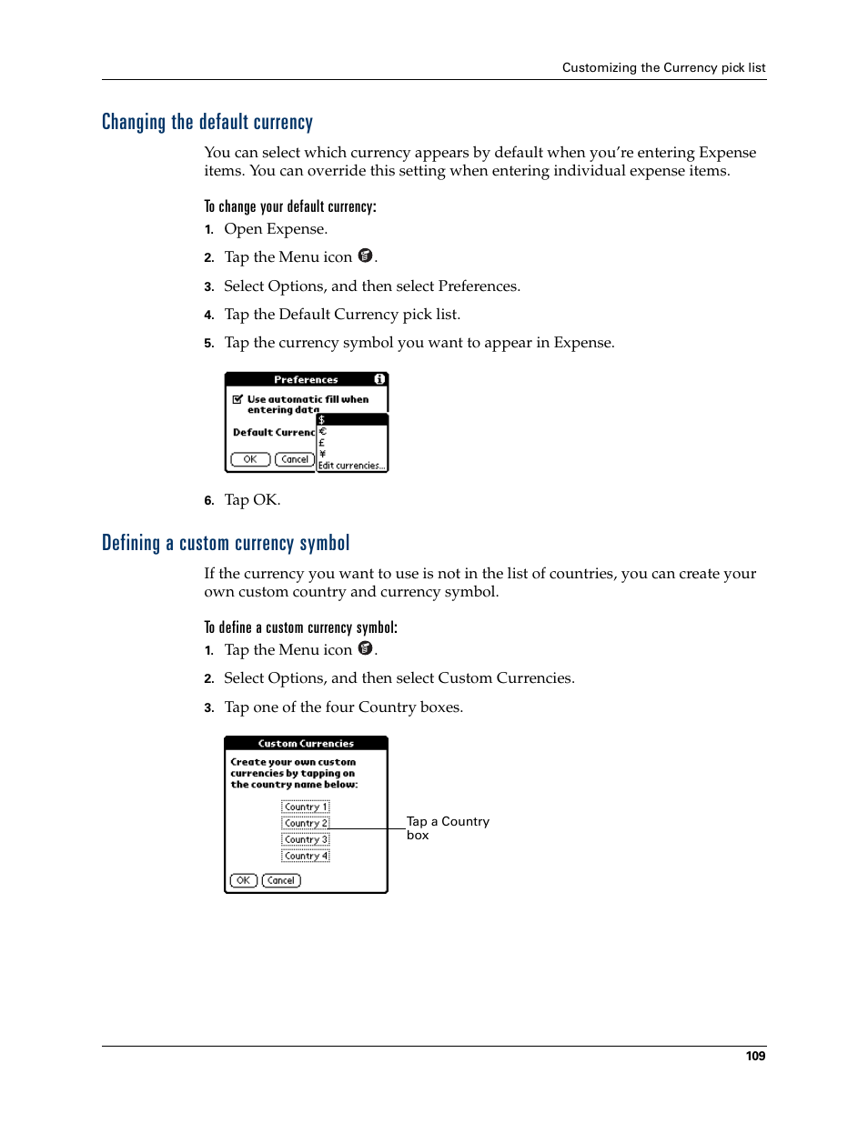 Changing the default currency, To change your default currency, Defining a custom currency symbol | To define a custom currency symbol | Palm Tungsten T Handhelds User Manual | Page 119 / 290
