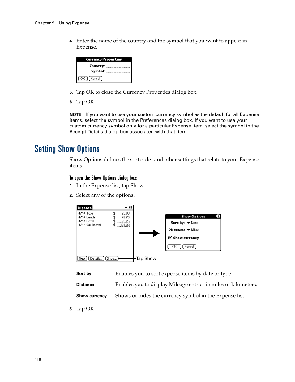 Setting show options, To open the show options dialog box | Palm Tungsten T Handhelds User Manual | Page 120 / 290
