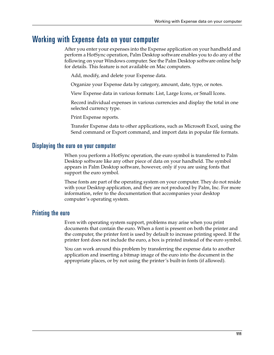 Working with expense data on your computer, Displaying the euro on your computer, Printing the euro | Palm Tungsten T Handhelds User Manual | Page 121 / 290