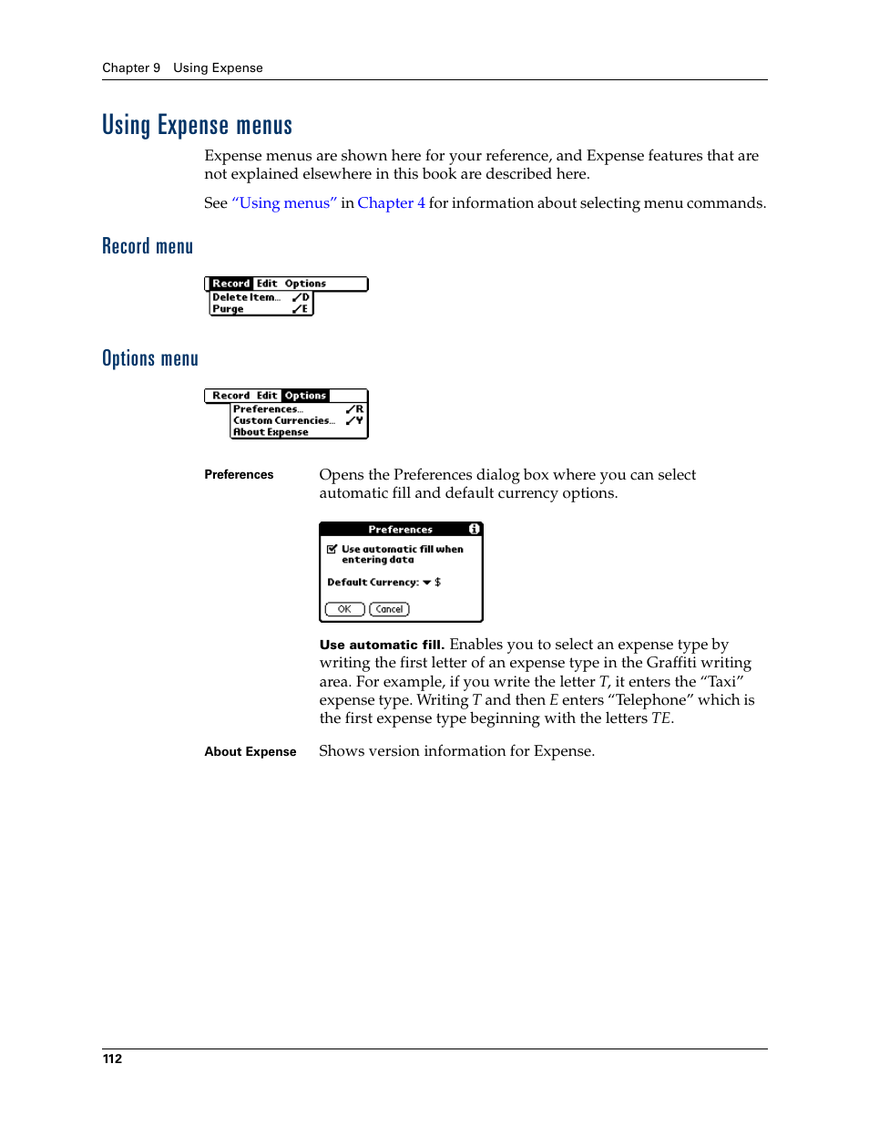 Using expense menus, Record menu, Options menu | Record menu options menu | Palm Tungsten T Handhelds User Manual | Page 122 / 290