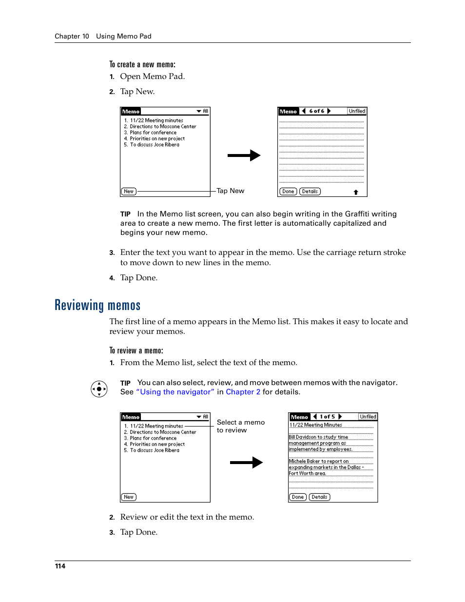 To create a new memo, Reviewing memos, To review a memo | Palm Tungsten T Handhelds User Manual | Page 124 / 290