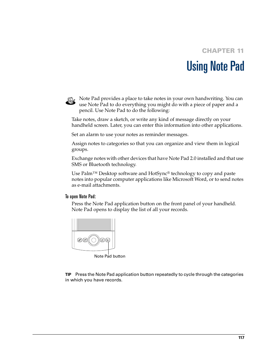 Using note pad, To open note pad, Chapter 11: using note pad | Chapter 11 | Palm Tungsten T Handhelds User Manual | Page 127 / 290