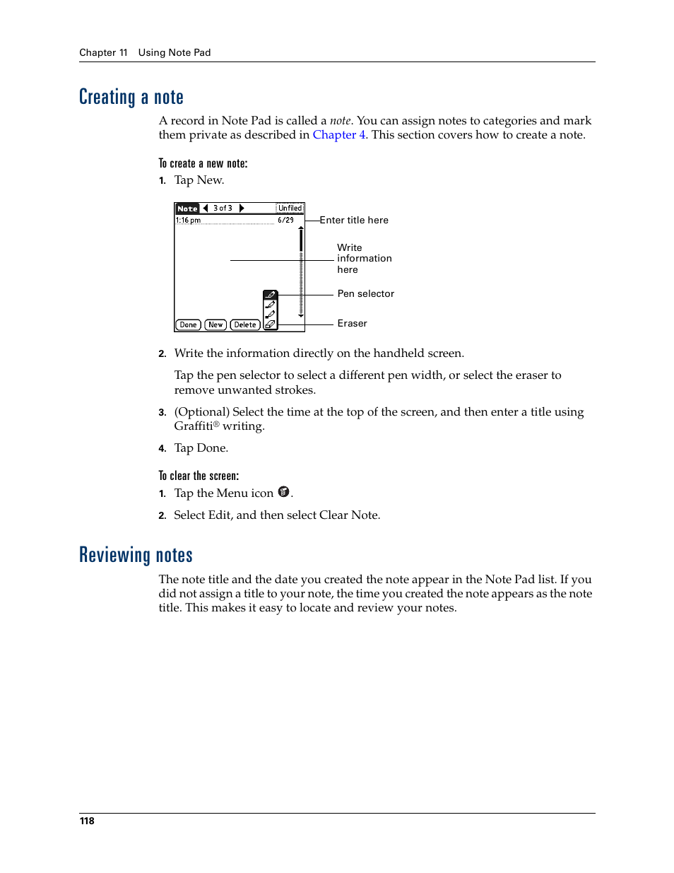 Creating a note, To create a new note, To clear the screen | Reviewing notes, Creating a note reviewing notes | Palm Tungsten T Handhelds User Manual | Page 128 / 290