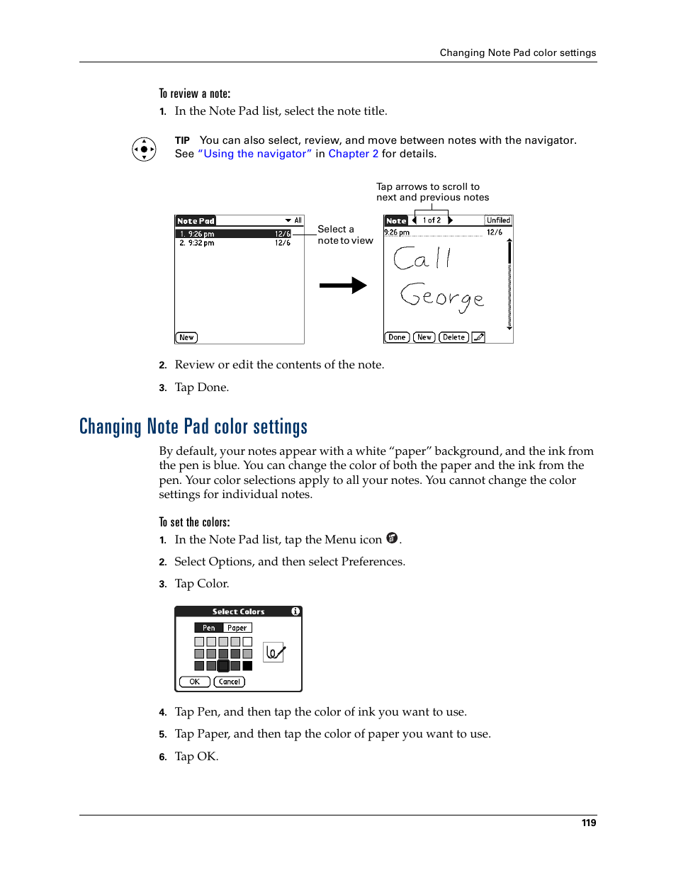 To review a note, Changing note pad color settings, To set the colors | Palm Tungsten T Handhelds User Manual | Page 129 / 290