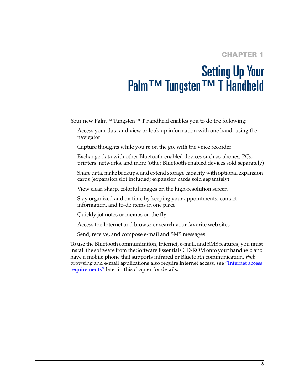 Setting up your palm™ tungsten™ t handheld, Chapter 1 | Palm Tungsten T Handhelds User Manual | Page 13 / 290