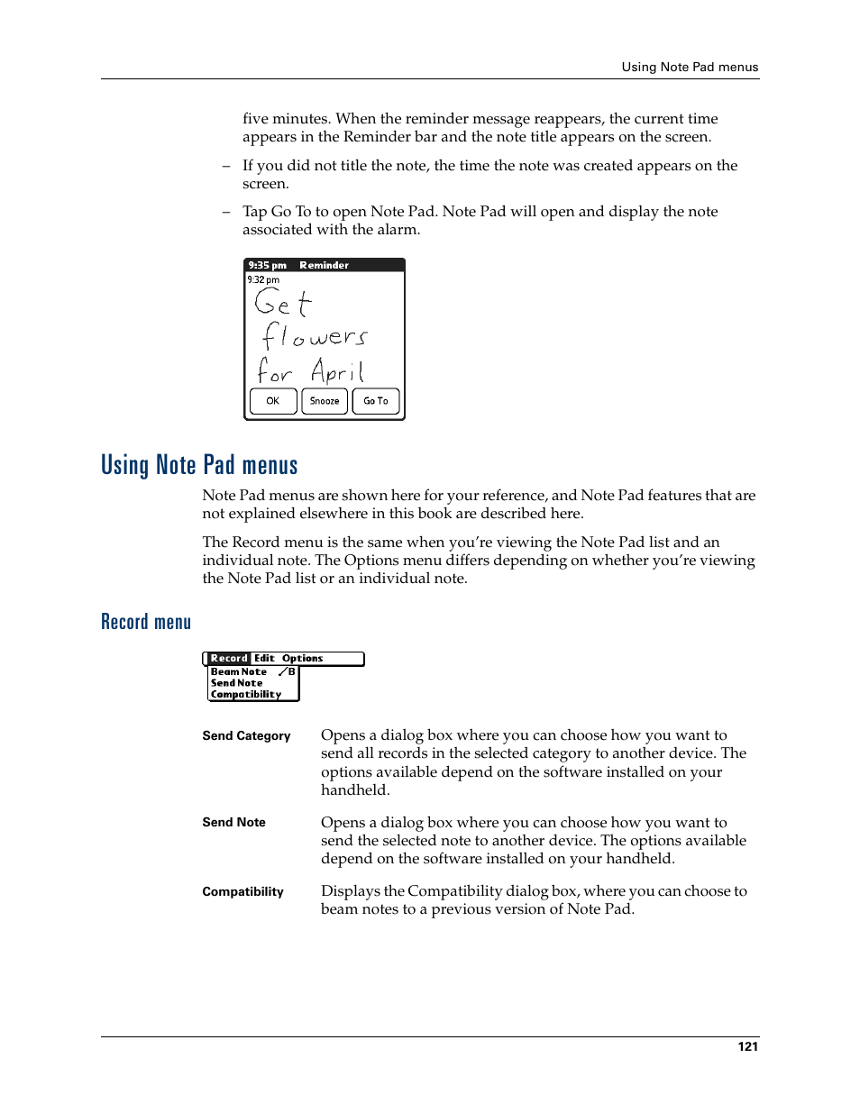 Using note pad menus, Record menu | Palm Tungsten T Handhelds User Manual | Page 131 / 290