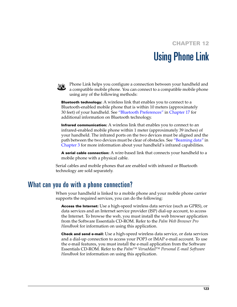 Using phone link, What can you do with a phone connection, Chapter 12: using phone link | Chapter 12 | Palm Tungsten T Handhelds User Manual | Page 133 / 290