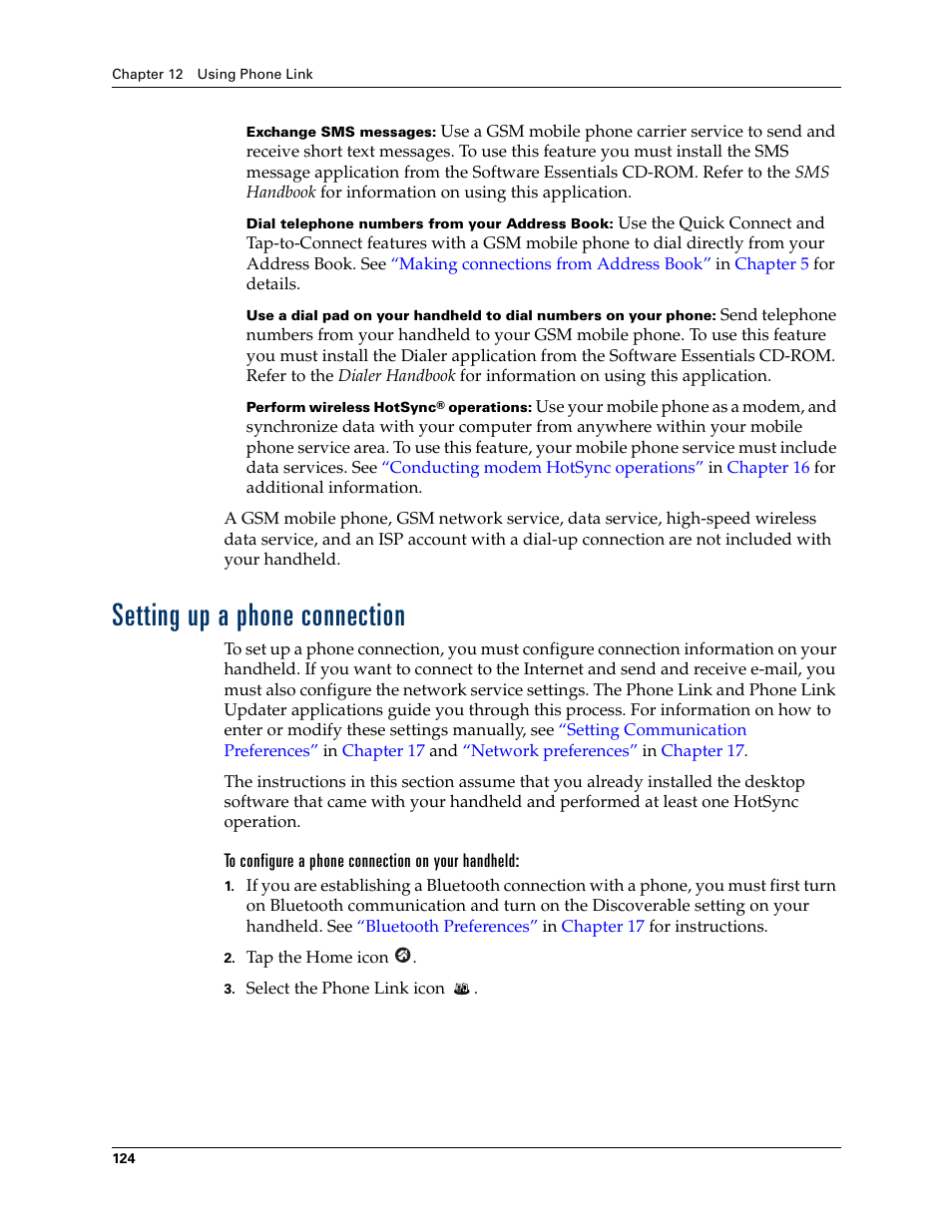 Setting up a phone connection, To configure a phone connection on your handheld | Palm Tungsten T Handhelds User Manual | Page 134 / 290