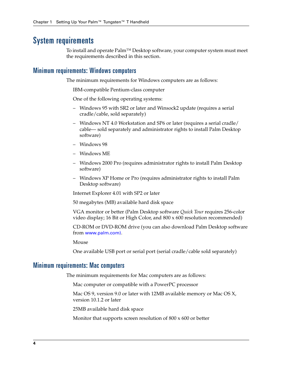 System requirements, Minimum requirements: windows computers, Minimum requirements: mac computers | Palm Tungsten T Handhelds User Manual | Page 14 / 290