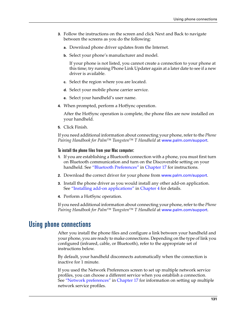 To install the phone files from your mac computer, Using phone connections | Palm Tungsten T Handhelds User Manual | Page 141 / 290