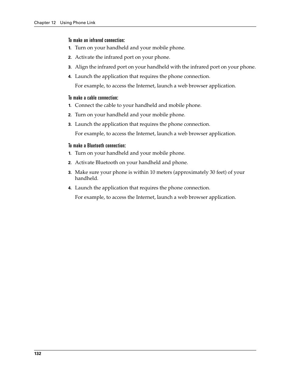 To make an infrared connection, To make a cable connection, To make a bluetooth connection | Palm Tungsten T Handhelds User Manual | Page 142 / 290