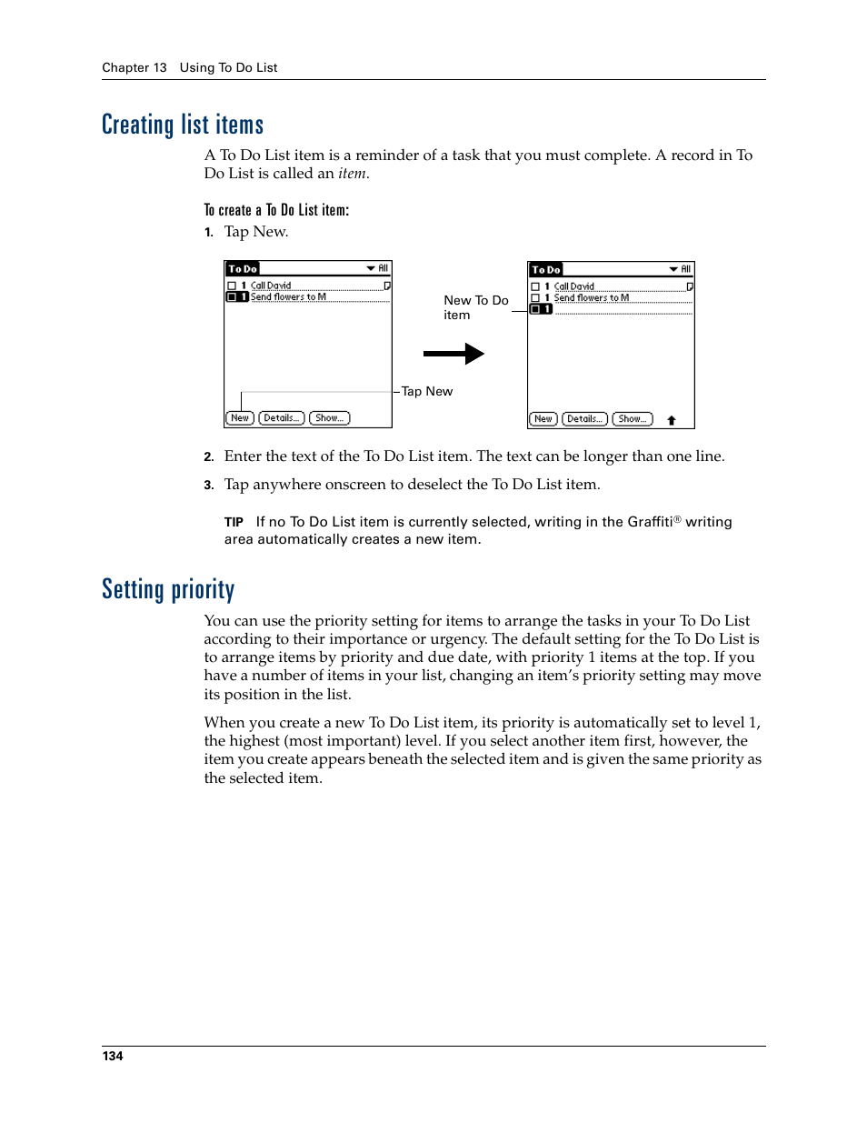 Creating list items, To create a to do list item, Setting priority | Creating list items setting priority | Palm Tungsten T Handhelds User Manual | Page 144 / 290