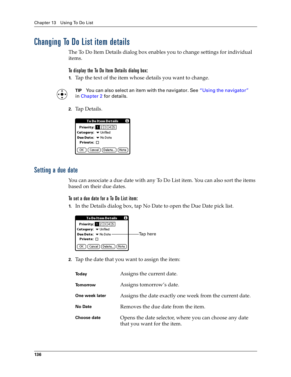 Changing to do list item details, To display the to do item details dialog box, Setting a due date | To set a due date for a to do list item | Palm Tungsten T Handhelds User Manual | Page 146 / 290