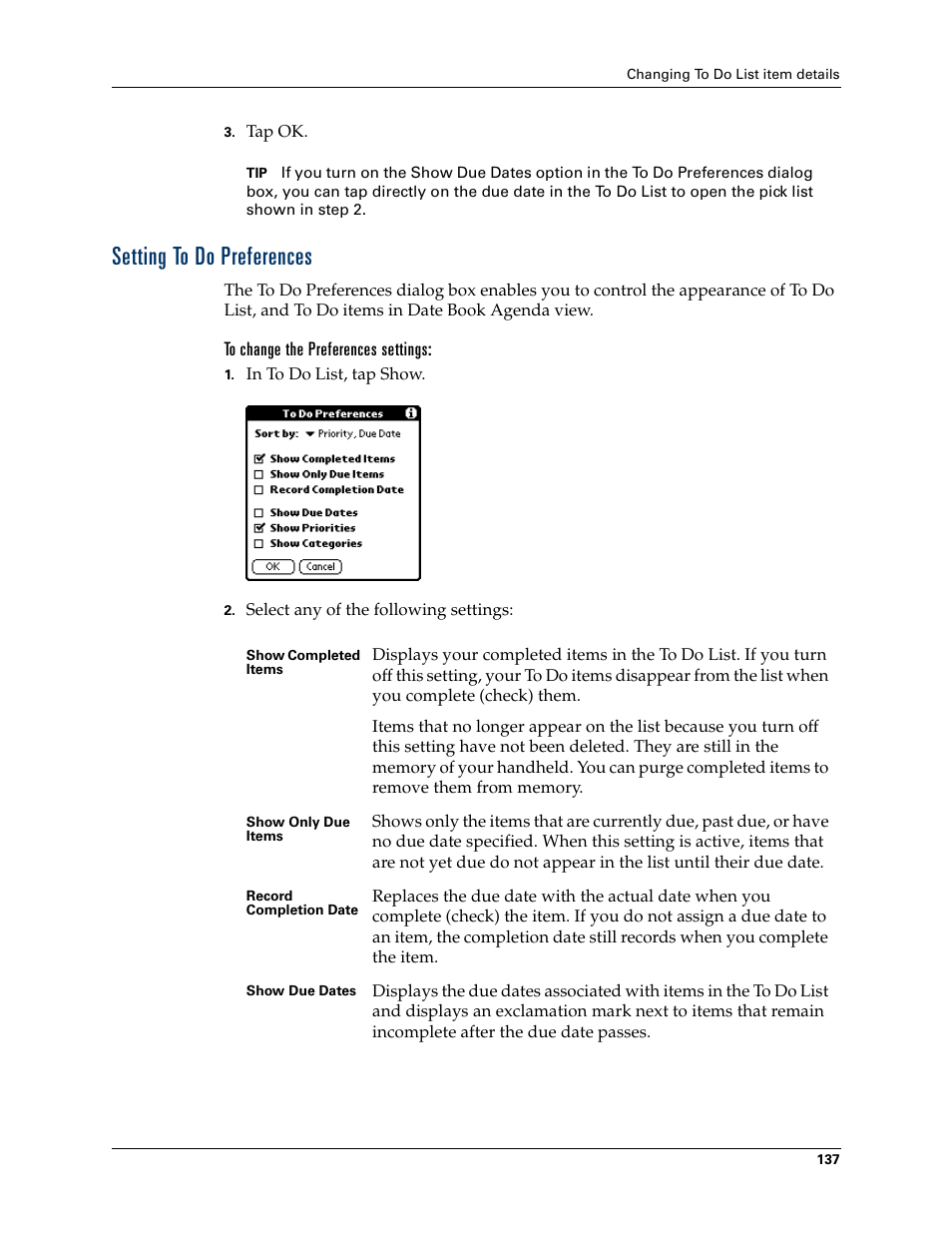 Setting to do preferences, To change the preferences settings, Chapter 13 | Palm Tungsten T Handhelds User Manual | Page 147 / 290