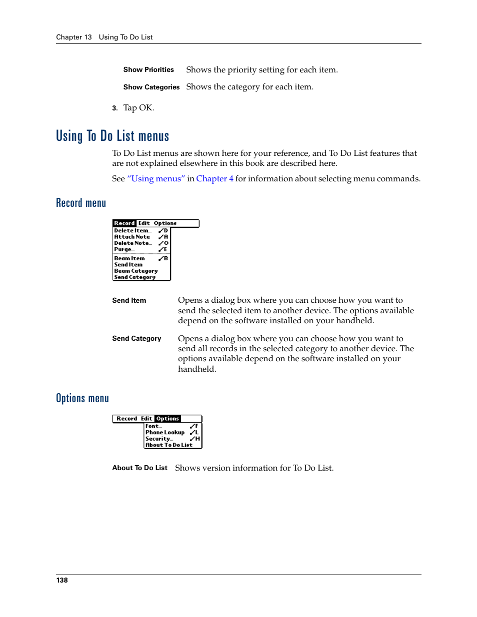 Using to do list menus, Record menu, Options menu | Record menu options menu | Palm Tungsten T Handhelds User Manual | Page 148 / 290