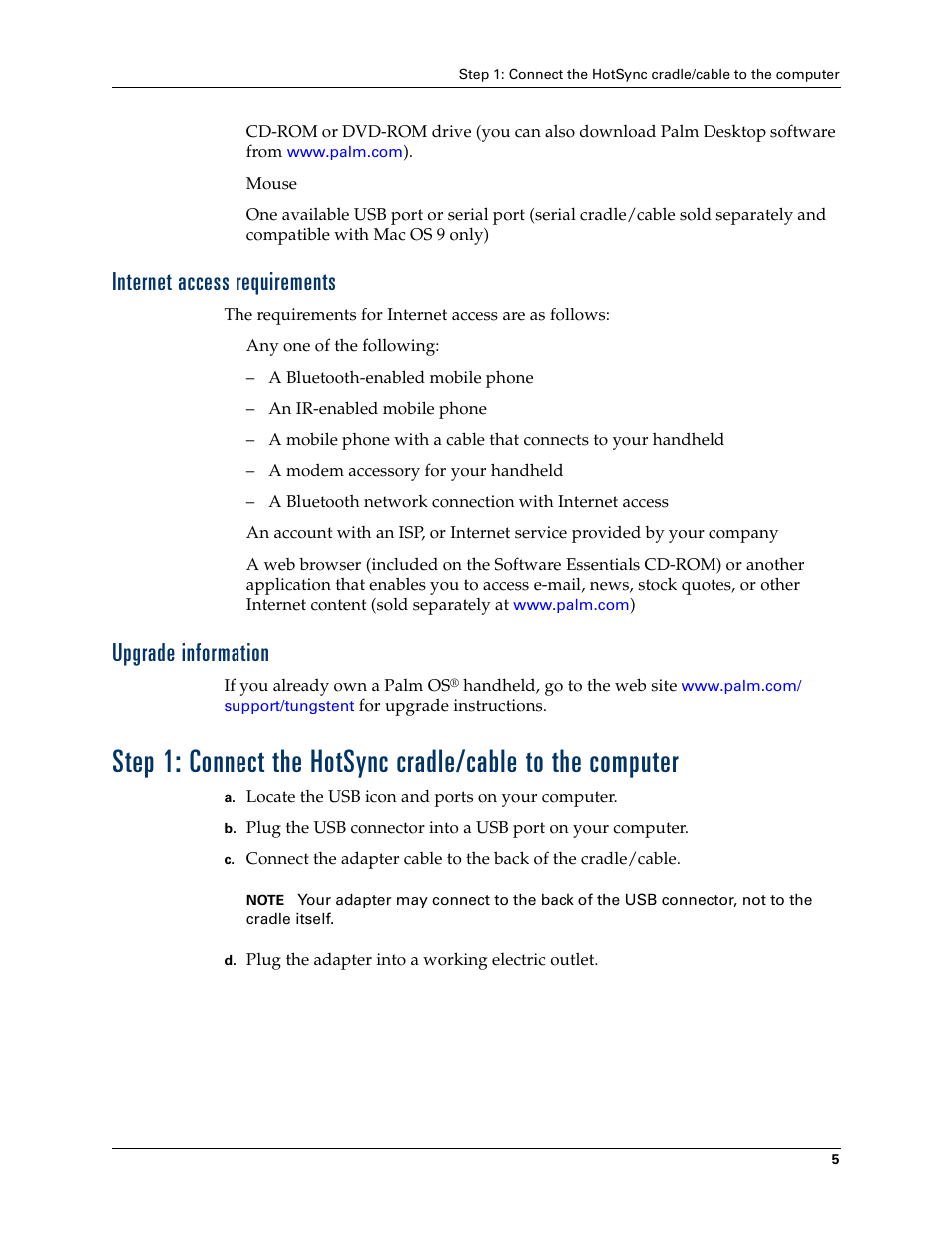 Internet access requirements, Upgrade information, Internet access requirements upgrade information | Palm Tungsten T Handhelds User Manual | Page 15 / 290