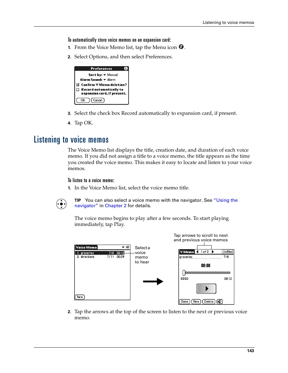 Listening to voice memos, To listen to a voice memo | Palm Tungsten T Handhelds User Manual | Page 153 / 290