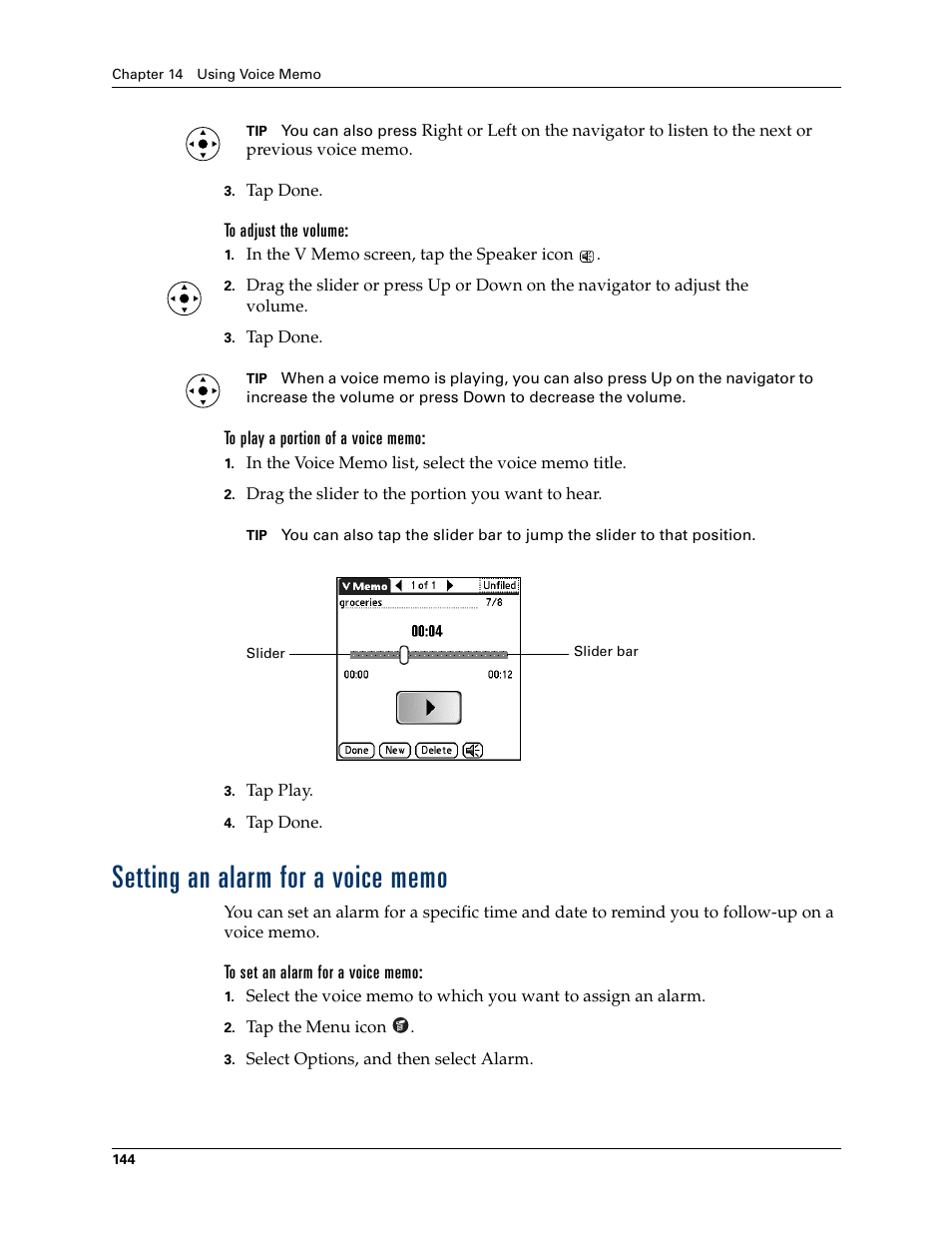 To adjust the volume, To play a portion of a voice memo, Setting an alarm for a voice memo | To set an alarm for a voice memo | Palm Tungsten T Handhelds User Manual | Page 154 / 290