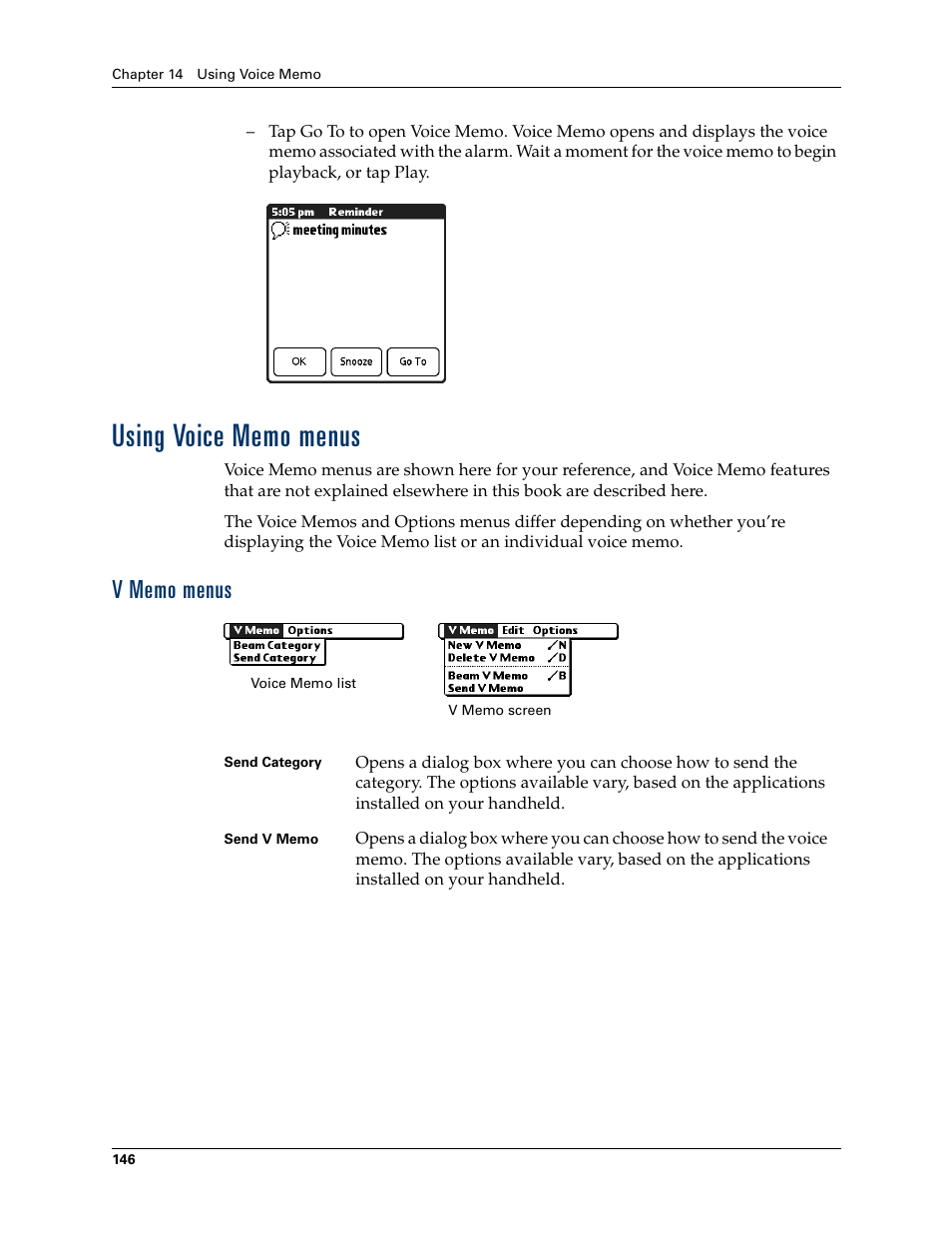 Using voice memo menus, V memo menus | Palm Tungsten T Handhelds User Manual | Page 156 / 290