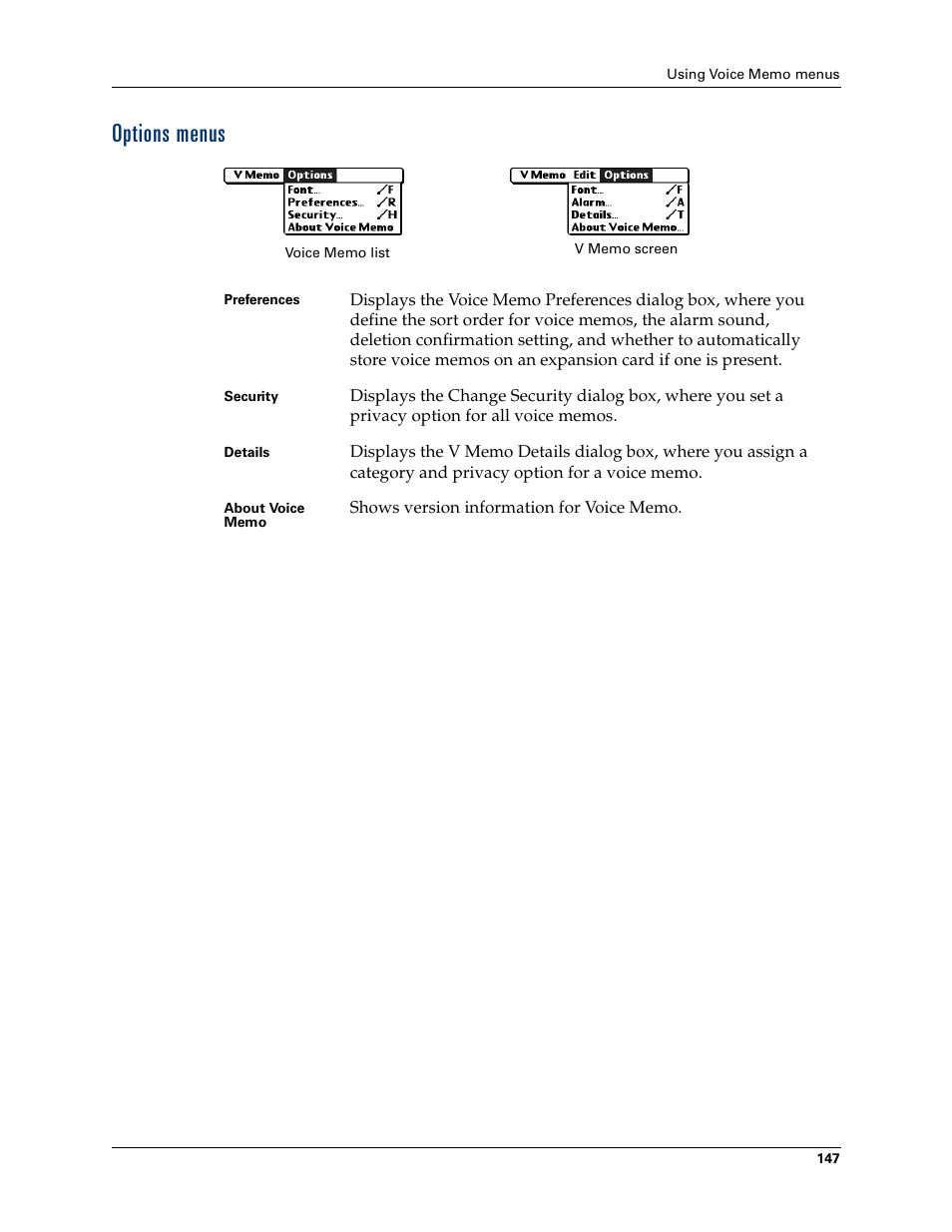 Options menus | Palm Tungsten T Handhelds User Manual | Page 157 / 290