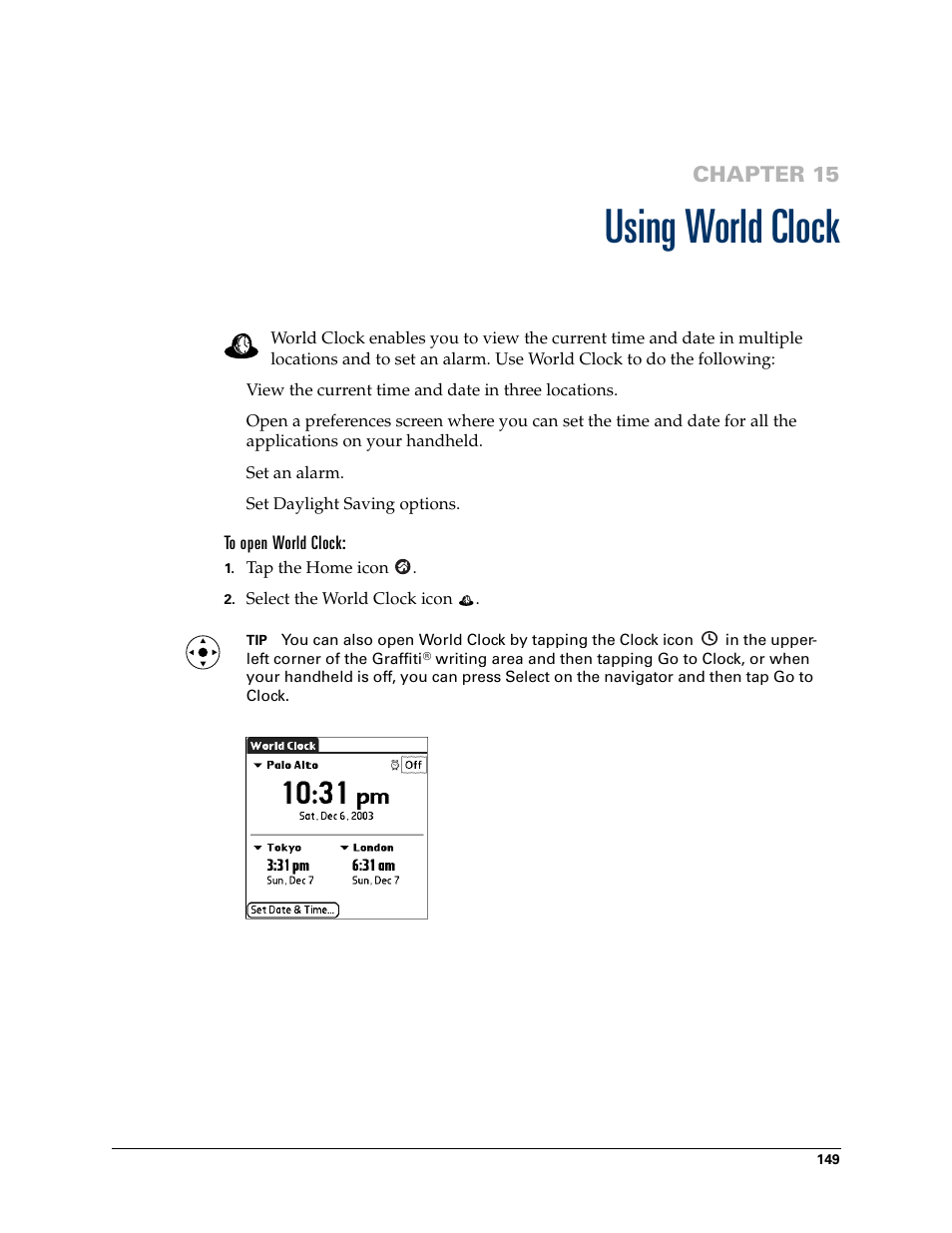 Using world clock, To open world clock, Chapter 15: using world clock | Chapter 15 | Palm Tungsten T Handhelds User Manual | Page 159 / 290
