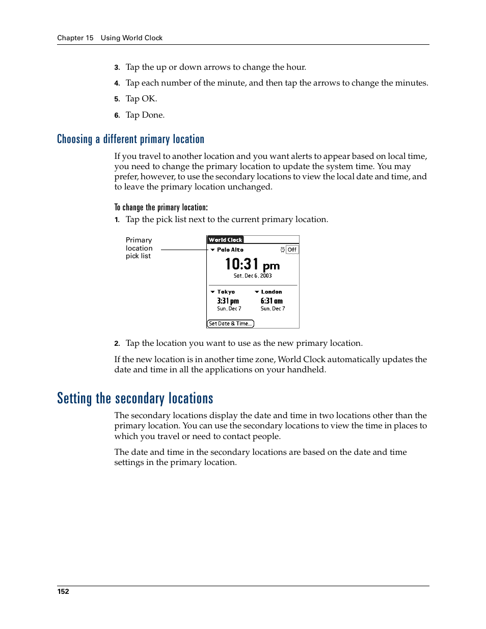 Choosing a different primary location, To change the primary location, Setting the secondary locations | Palm Tungsten T Handhelds User Manual | Page 162 / 290