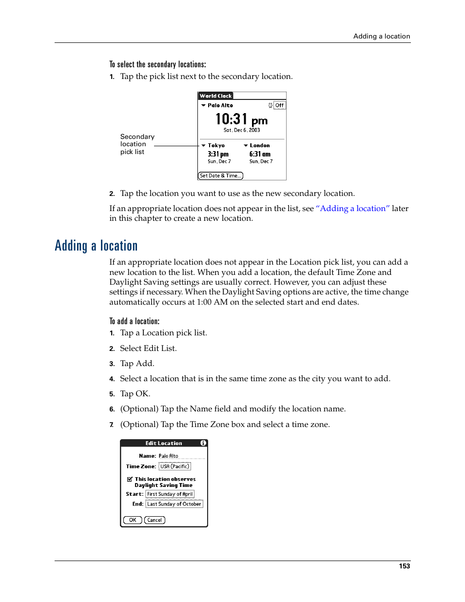 To select the secondary locations, Adding a location, To add a location | Palm Tungsten T Handhelds User Manual | Page 163 / 290