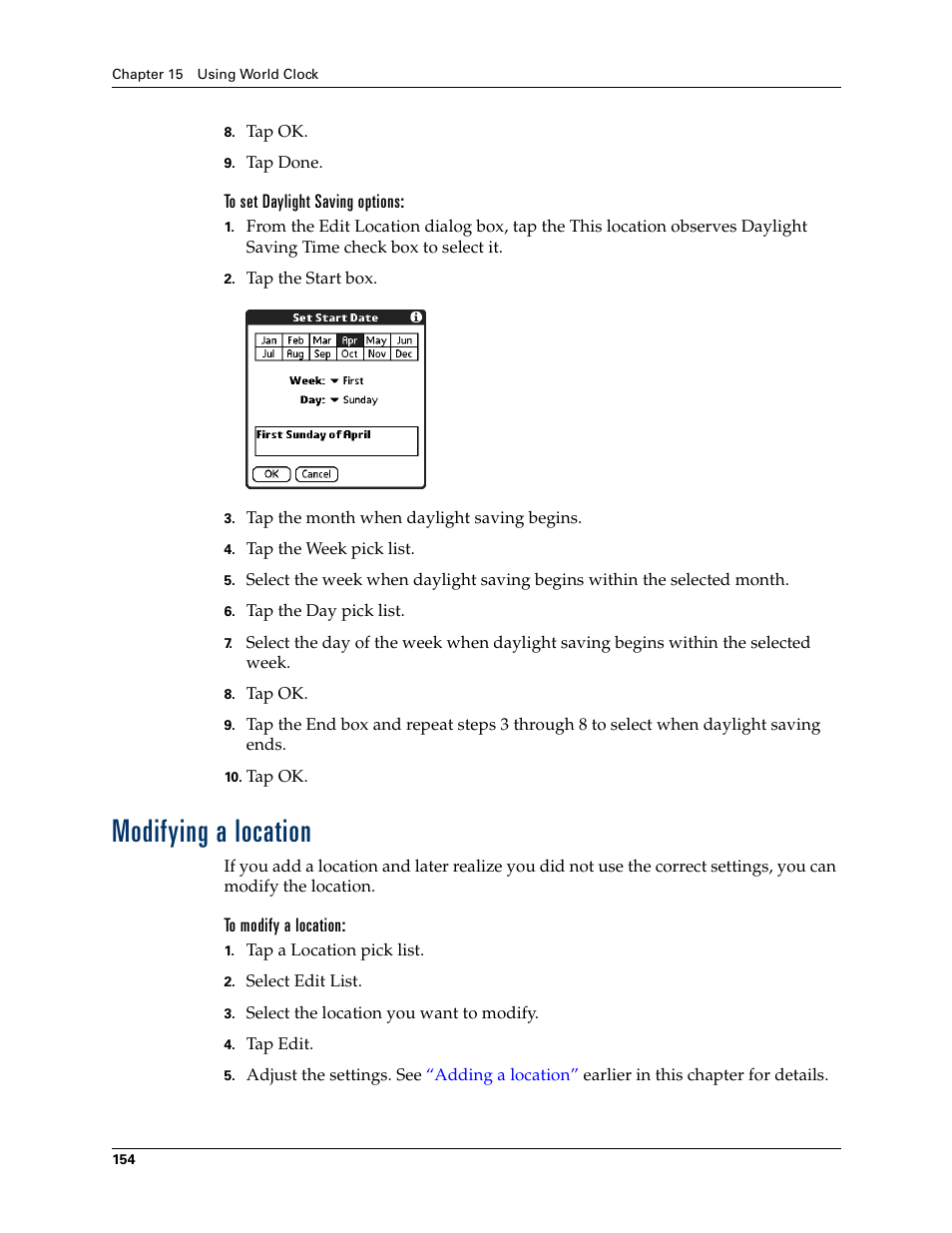 To set daylight saving options, Modifying a location, To modify a location | Palm Tungsten T Handhelds User Manual | Page 164 / 290