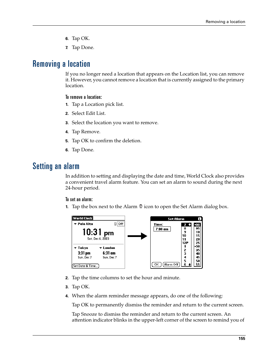 Removing a location, To remove a location, Setting an alarm | To set an alarm | Palm Tungsten T Handhelds User Manual | Page 165 / 290