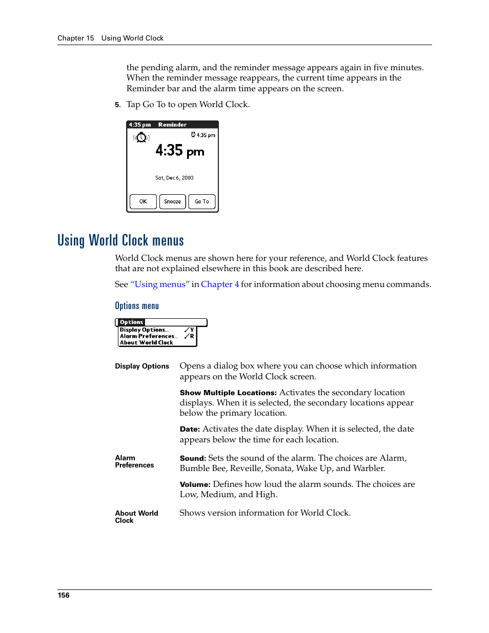 Using world clock menus, Options menu, Network preferences | Palm Tungsten T Handhelds User Manual | Page 166 / 290