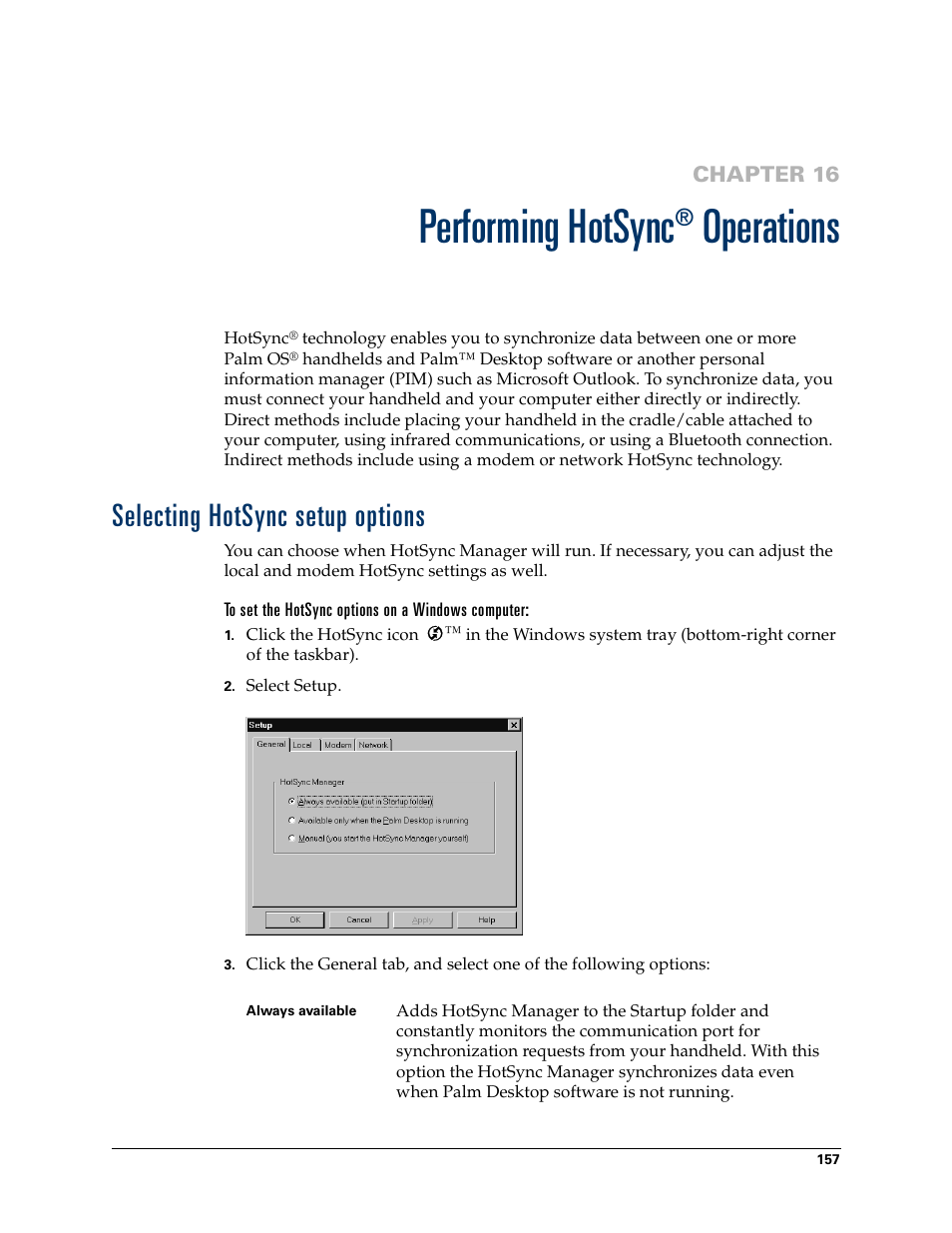 Performing hotsync® operations, Selecting hotsync setup options, To set the hotsync options on a windows computer | Chapter 16: performing hotsync, Performing hotsync, Operations | Palm Tungsten T Handhelds User Manual | Page 167 / 290