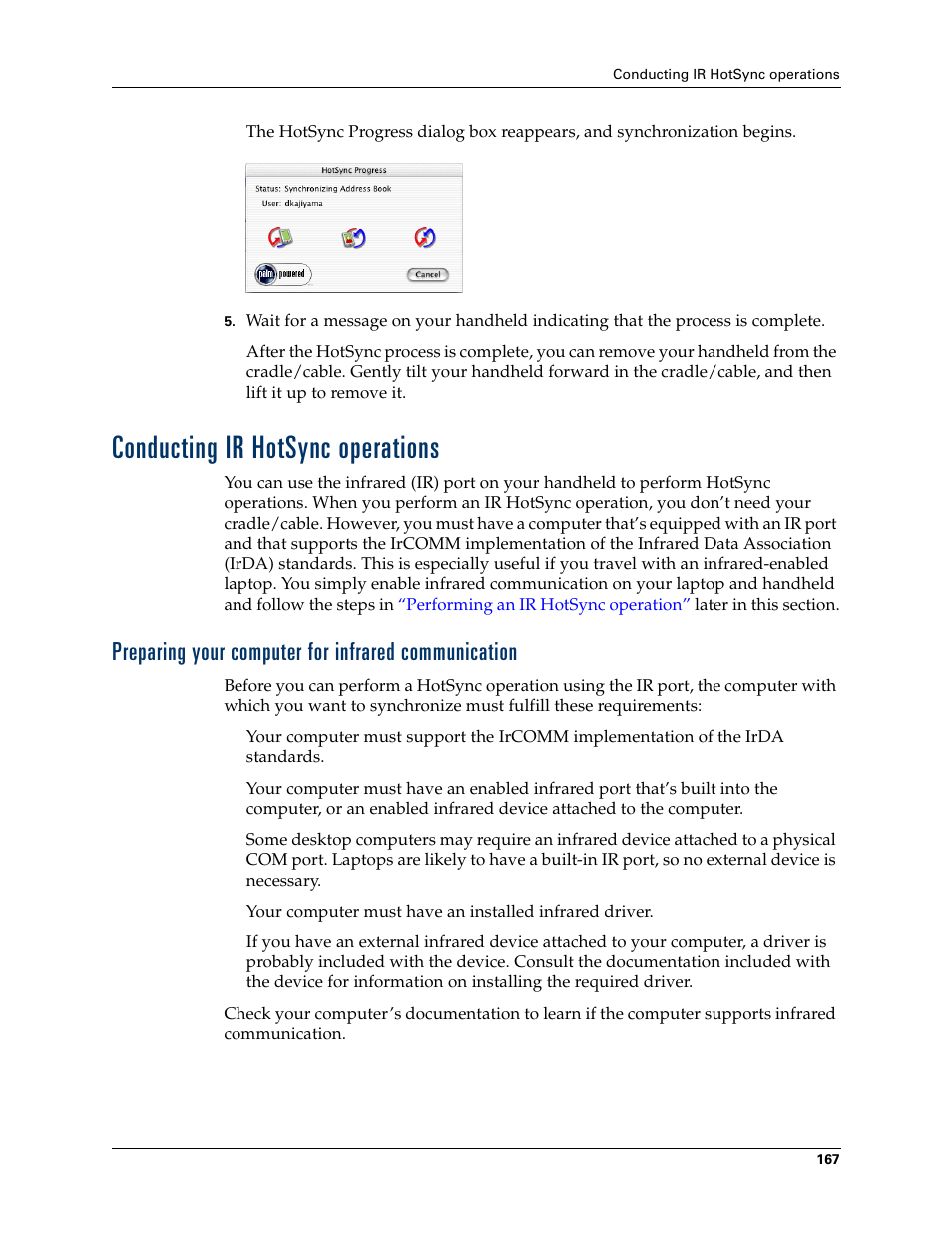 Conducting ir hotsync operations, Preparing your computer for infrared communication, Chapter 16 | Palm Tungsten T Handhelds User Manual | Page 177 / 290