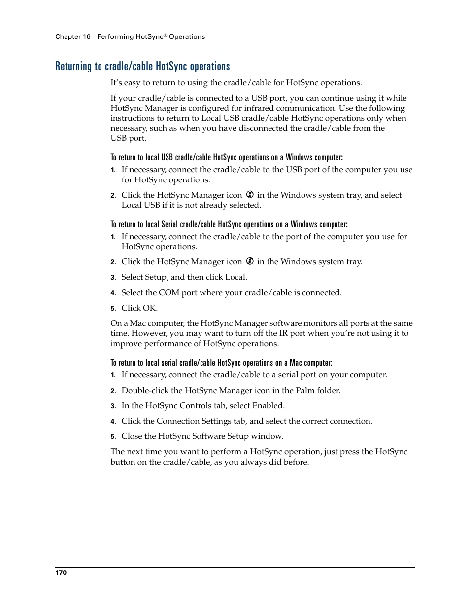 Returning to cradle/cable hotsync operations | Palm Tungsten T Handhelds User Manual | Page 180 / 290