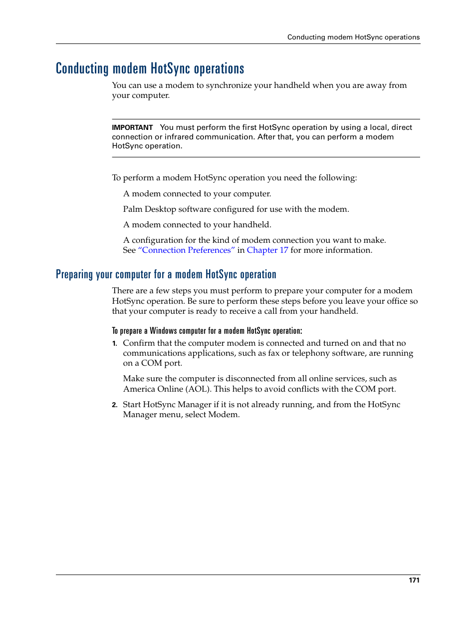 Conducting modem hotsync operations, Ces. see, Chapter 16 | Ation, see | Palm Tungsten T Handhelds User Manual | Page 181 / 290