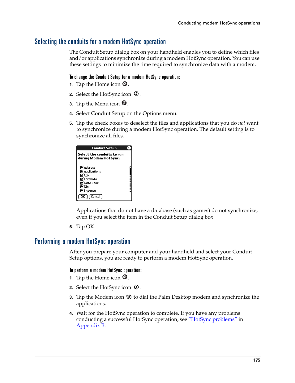 Performing a modem hotsync operation, To perform a modem hotsync operation | Palm Tungsten T Handhelds User Manual | Page 185 / 290