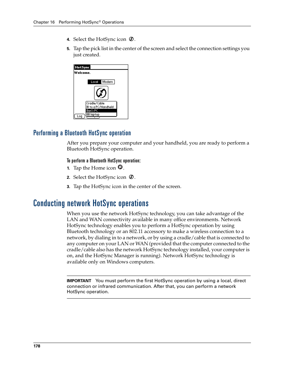 Performing a bluetooth hotsync operation, To perform a bluetooth hotsync operation, Conducting network hotsync operations | Late, Conducting network, Hotsync operations | Palm Tungsten T Handhelds User Manual | Page 188 / 290