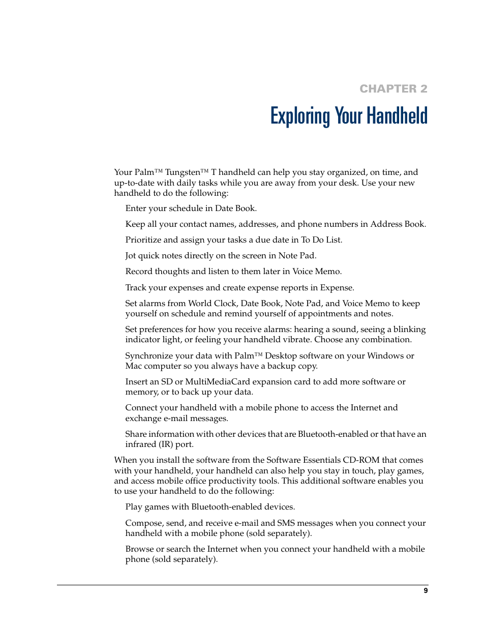 Exploring your handheld, Chapter 2: exploring your handheld, Chapter 2 | Palm Tungsten T Handhelds User Manual | Page 19 / 290