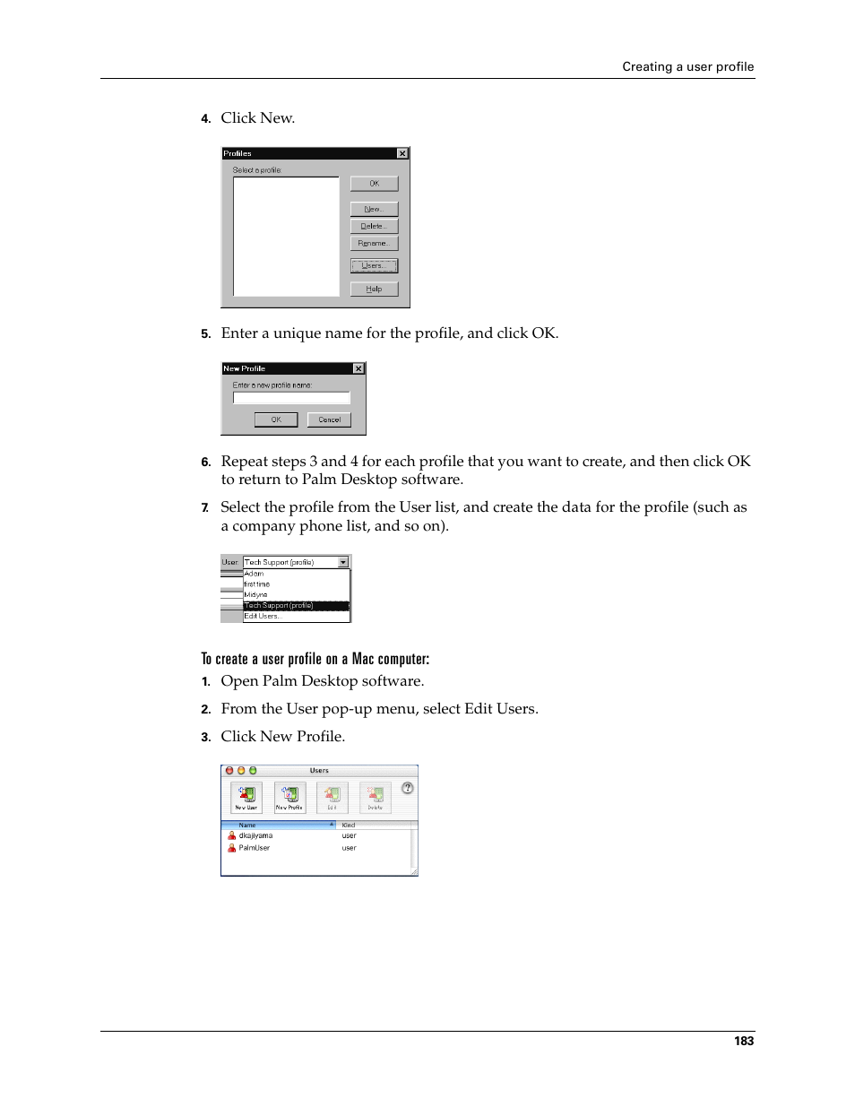 To create a user profile on a mac computer | Palm Tungsten T Handhelds User Manual | Page 193 / 290