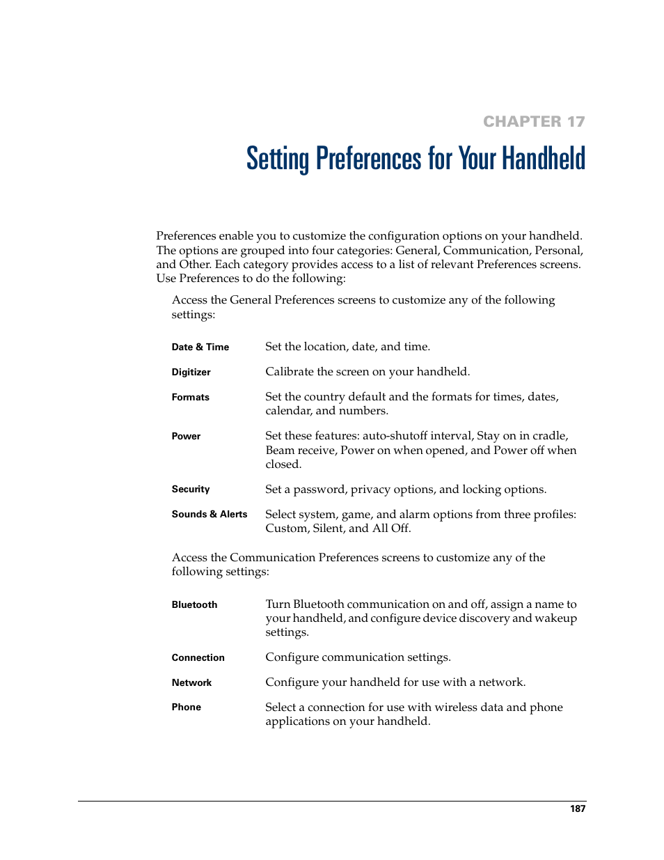 Setting preferences for your handheld, Chapter 17: setting preferences for your handheld, Chapter 17 | Palm Tungsten T Handhelds User Manual | Page 197 / 290