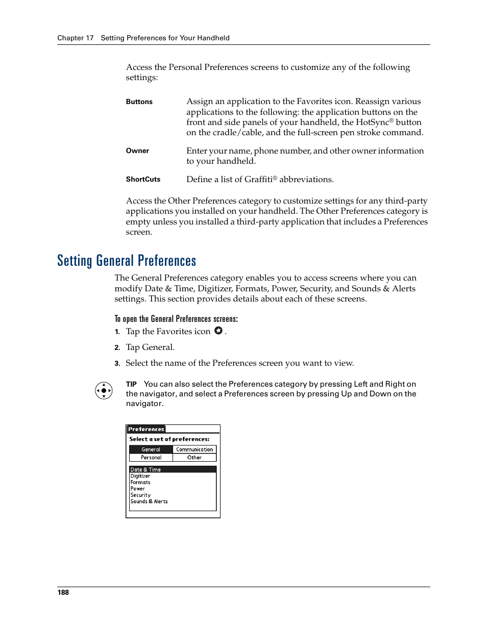 Setting general preferences, To open the general preferences screens | Palm Tungsten T Handhelds User Manual | Page 198 / 290