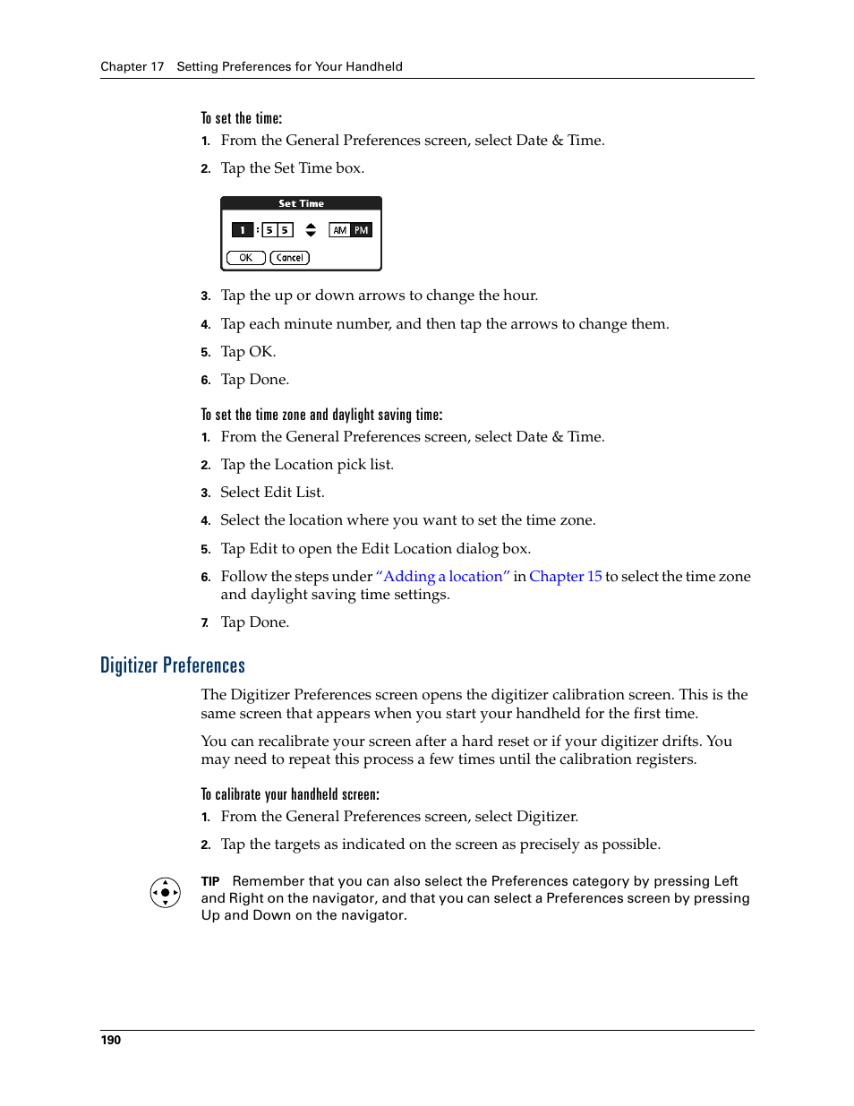 To set the time, To set the time zone and daylight saving time, Digitizer preferences | To calibrate your handheld screen | Palm Tungsten T Handhelds User Manual | Page 200 / 290