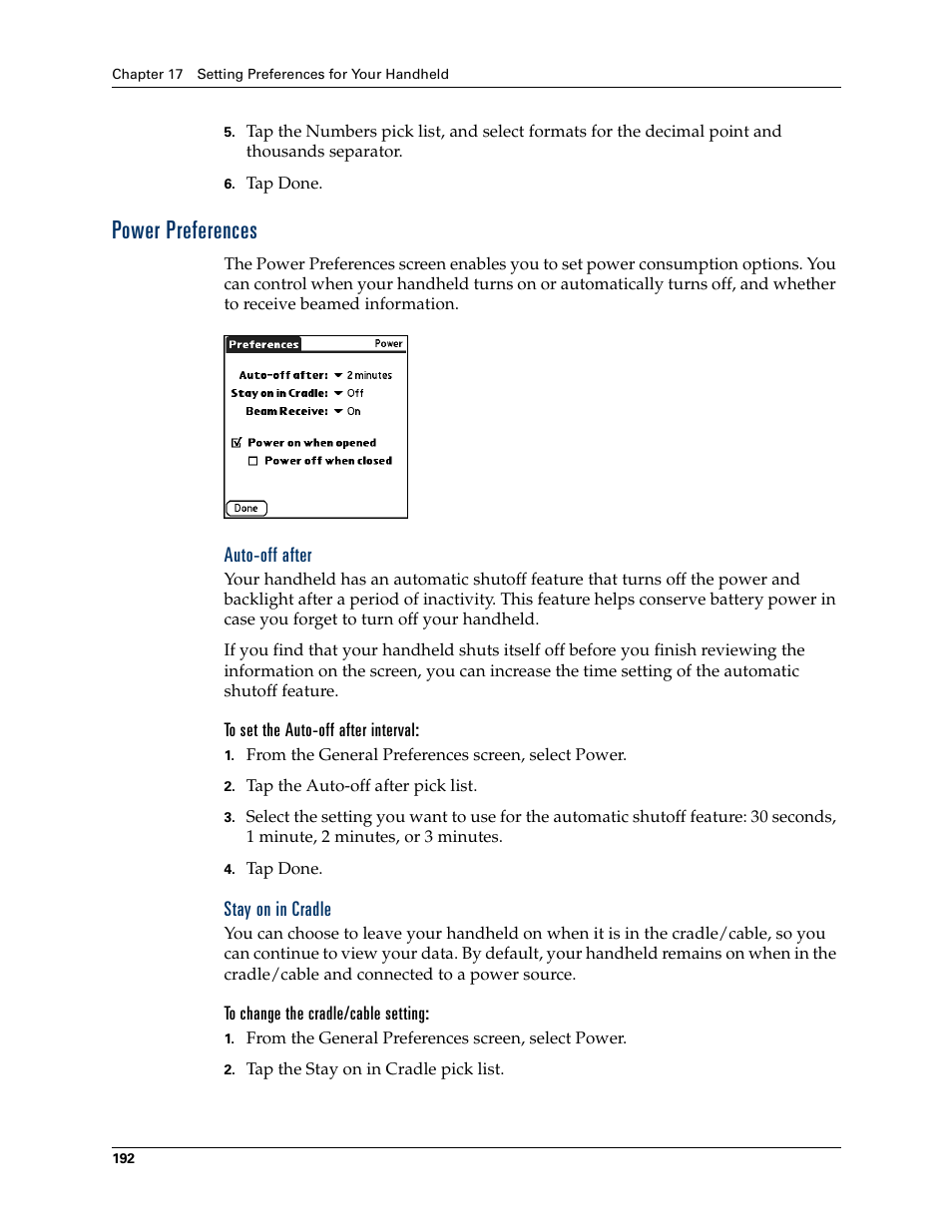 Power preferences, Auto-off after, To set the auto-off after interval | Stay on in cradle, To change the cradle/cable setting | Palm Tungsten T Handhelds User Manual | Page 202 / 290