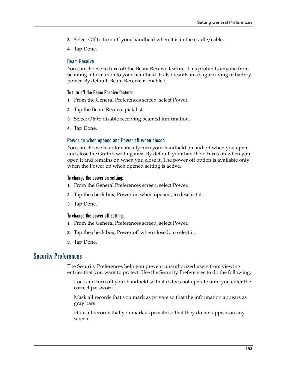 Beam receive, To turn off the beam receive feature, Power on when opened and power off when closed | To change the power on setting, To change the power off setting, Security preferences, Chapter 17 | Palm Tungsten T Handhelds User Manual | Page 203 / 290